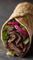 A close up of a wrap with meat and vegetables photo