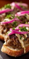 Savory meat sandwiches with onion and sauce garnishing photo