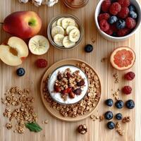 Healthy breakfast spread with yogurt, fruits, and granola photo