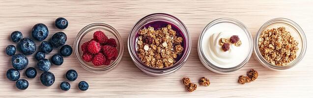 Delicious yogurt parfait with fresh berries and granola photo
