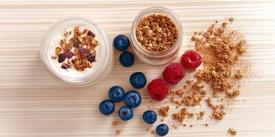 Granola, yogurt and berries on a wooden table photo