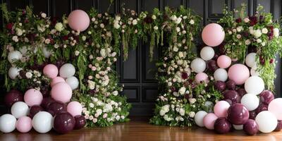 Wedding floral backdrop with balloons in elegant venue photo
