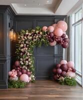 Elegant floral and balloon arch for wedding decor photo