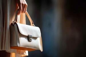 A woman holding a white purse photo