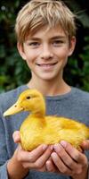 A boy holding a yellow duck photo