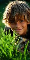 A boy is smiling in the grass with a duckling photo