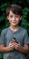 A young boy holding a small bird in his hands photo