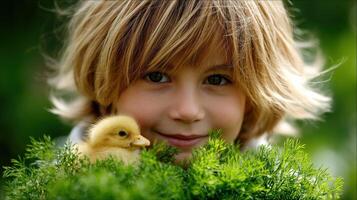A young boy is holding a small duckling photo