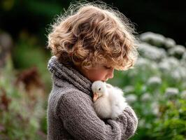 A young child holding a duck in a garden photo