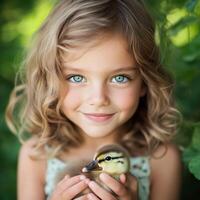 A little girl with blue eyes holding a duckling photo