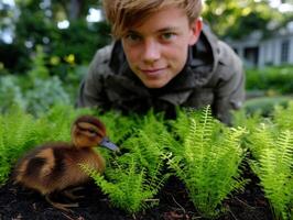 A young boy crouches down to look at a duckling photo