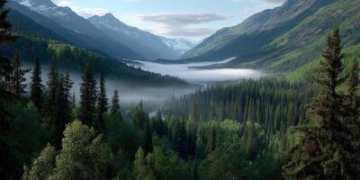 A valley surrounded by trees and mountains photo