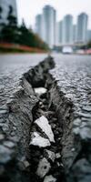 A crack in the road with a city in the background photo