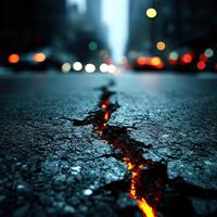 A crack in the road with a bright orange light photo