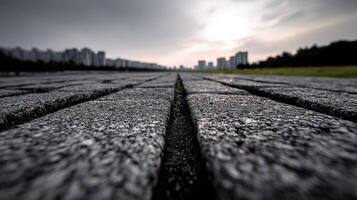 A long walkway with a city skyline in the background photo