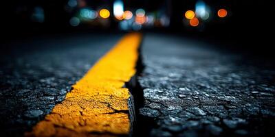 A yellow line on the road at night photo