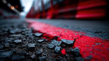 A red line on the road with black and white paint photo