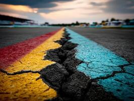 A close up of a road with a crack in it photo