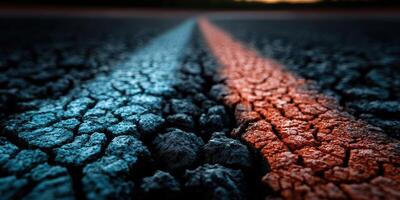 The road is cracked and dry with two lines photo