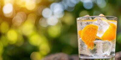 A glass of water with ice and orange slices photo