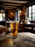 Craft beer served in a glass in a rustic pub setting photo