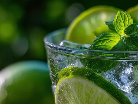 Refreshing mint lime drink with ice and garnish photo
