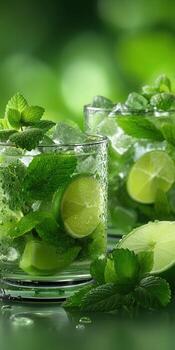 Refreshing mint lime drinks with ice and herbs photo