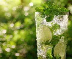 Refreshing mojito cocktail in lush greenery setting photo