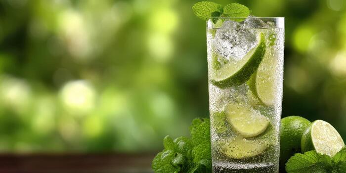 Refreshing cocktail with lime and mint on a sunny day photo