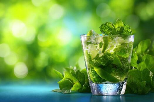 Refreshing mint mojito in a vibrant outdoor setting photo