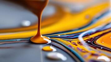 Colorful paint pouring on a smooth surface during art photo