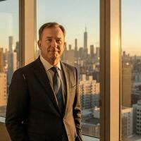 Successful Corporate Executive Confident Middle-Aged Businessman in Suit Smiling by Window Overlooking photo