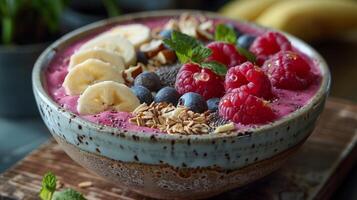 Healthy Lifestyle concept - colorful breakfast, bowl with cereal photo