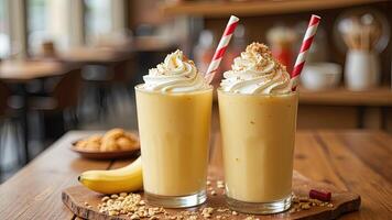 Refreshing Smoothie with Whipped Cream and Cookies on Wooden Table photo
