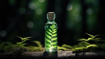 Glass Bottle with Fern Leaf and Soft Green Forest Background photo