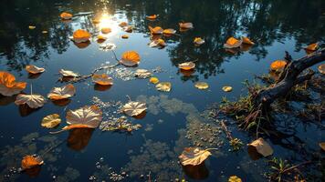 Floating Leaves on Calm Water Surface at Sunrise in Nature Scene photo