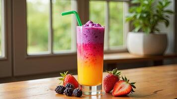 Colorful Layered Smoothie with Berries in Bright Kitchen Setting photo