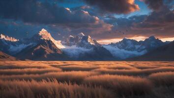 Mountain Landscape with Field and Sunset Clouds photo