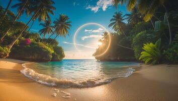 Tropical Beach View with Palm Trees and Ocean at Sunset photo