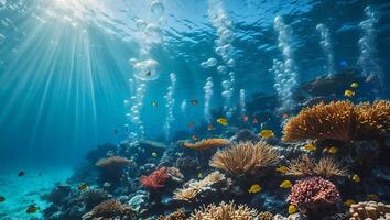Underwater Coral Reef with Fish and Bubbles in the Ocean photo