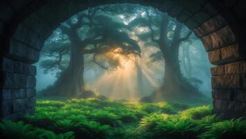 Forest Seen Through Stone Archway with Sun Rays photo