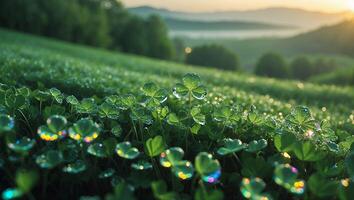 Clover Field with Dewdrops at Sunrise photo