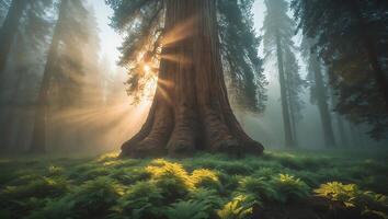 Giant Tree in Forest with Sun Rays and Ferns photo