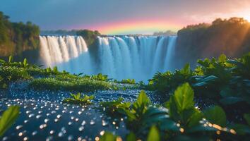 Majestic Waterfall with Rainbow and Dew Drops Landscape photo