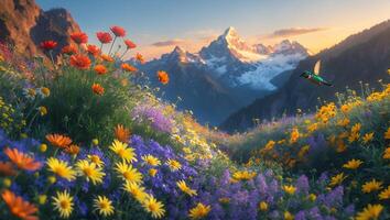 Mountain Landscape with Flowers and Hummingbird photo