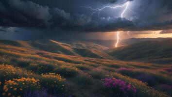 Lightning Over Flower Field on Rolling Hills photo