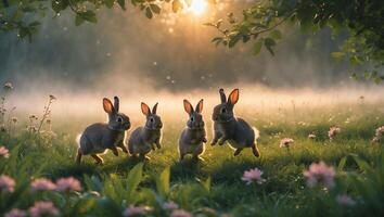 Rabbit Running on Green Meadow with Sunlit Forest Background photo