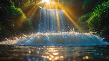 Waterfall with sun rays shining through it photo
