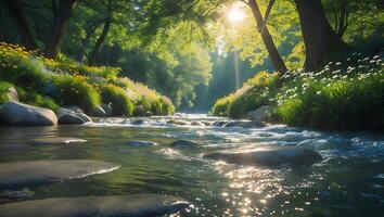 River Flows Through a Lush Green Forest with Sunlight photo