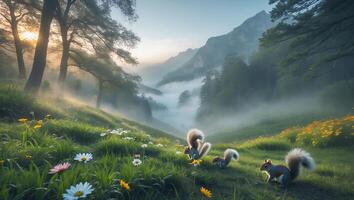 Squirrel Family in Misty Valley with Flowers and Green Grass photo